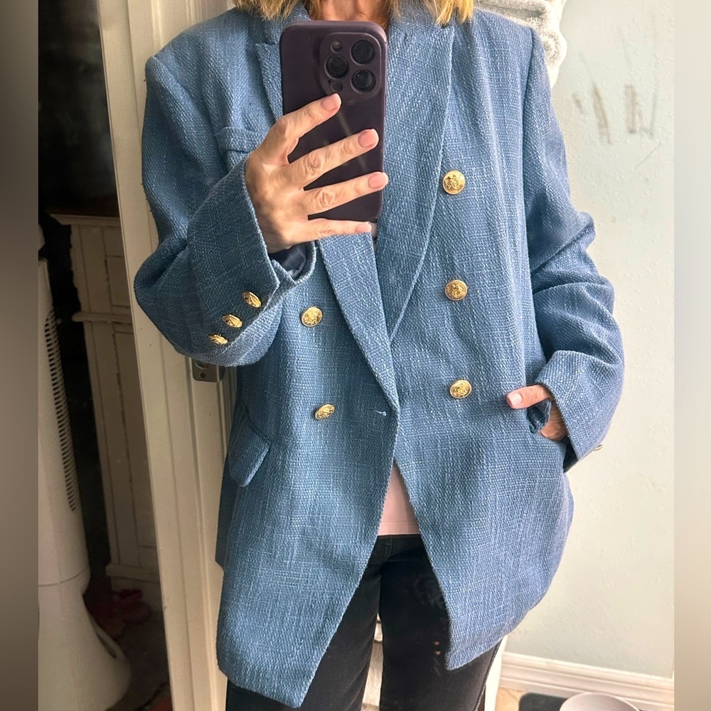 Unbranded Nubby Tweed Slate Blue Blazer With Gold Buttons Very Chic!! Sz XL
